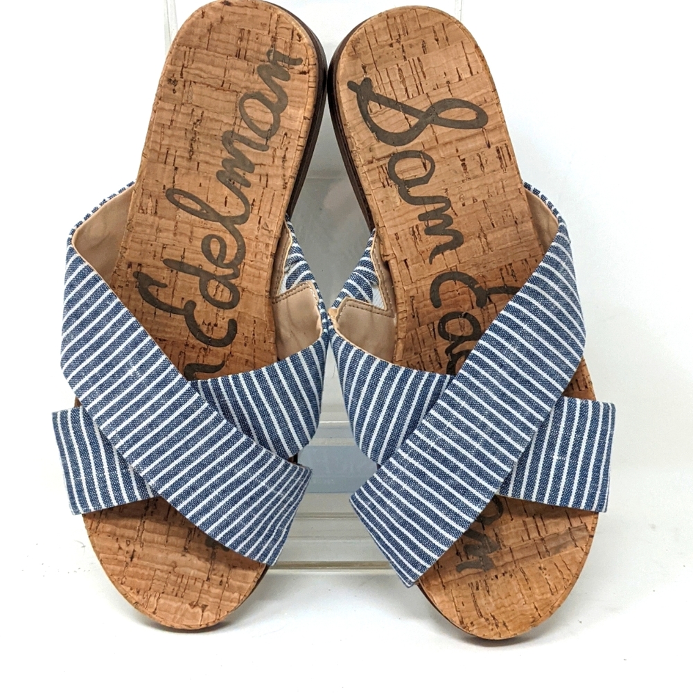 SAM EDELMAN 235191 Blue Hattie Crisscross Textile cork Slide Sandals sz 7